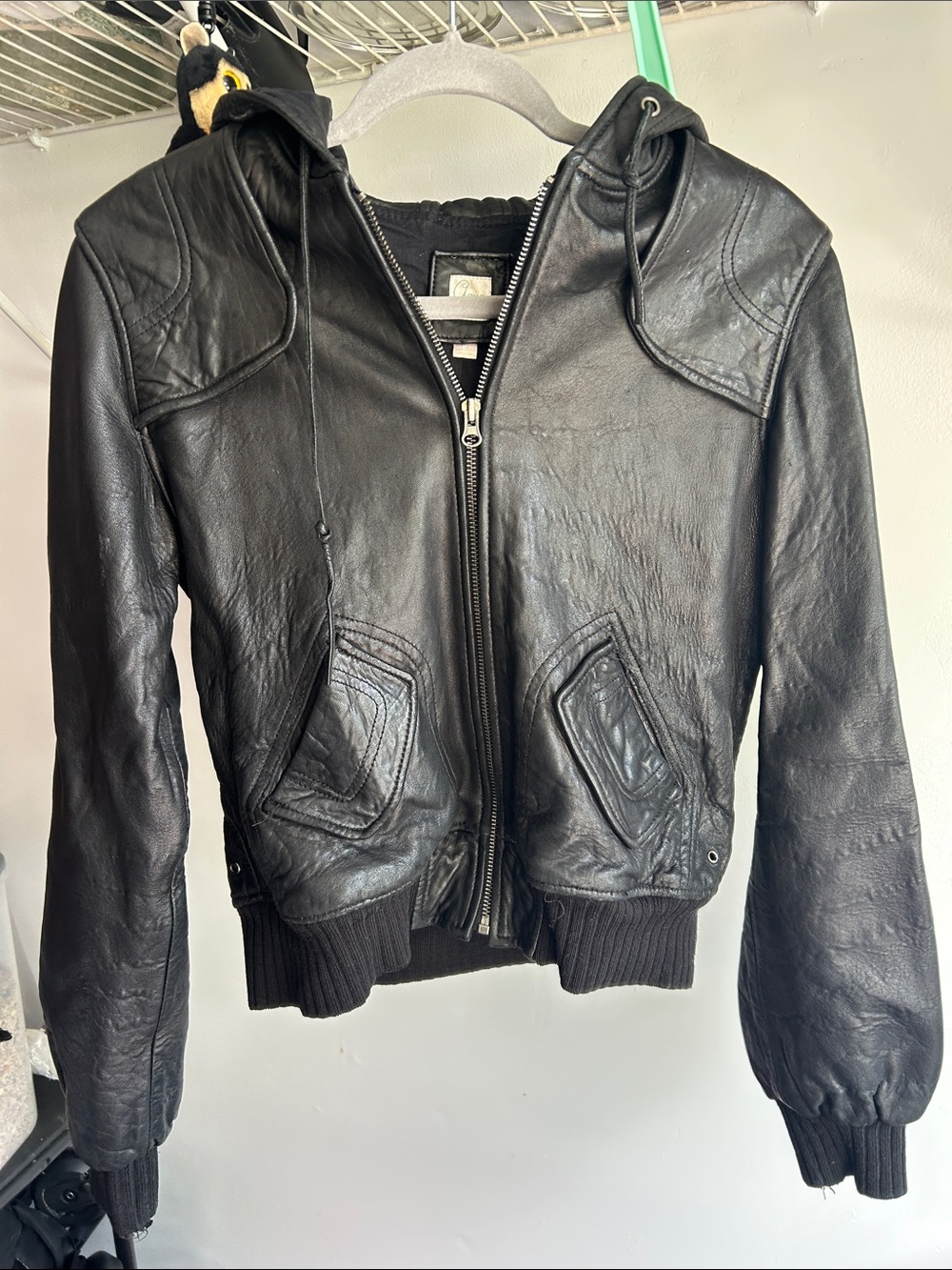 Aqua Black Leather Hooded Zip Jacket